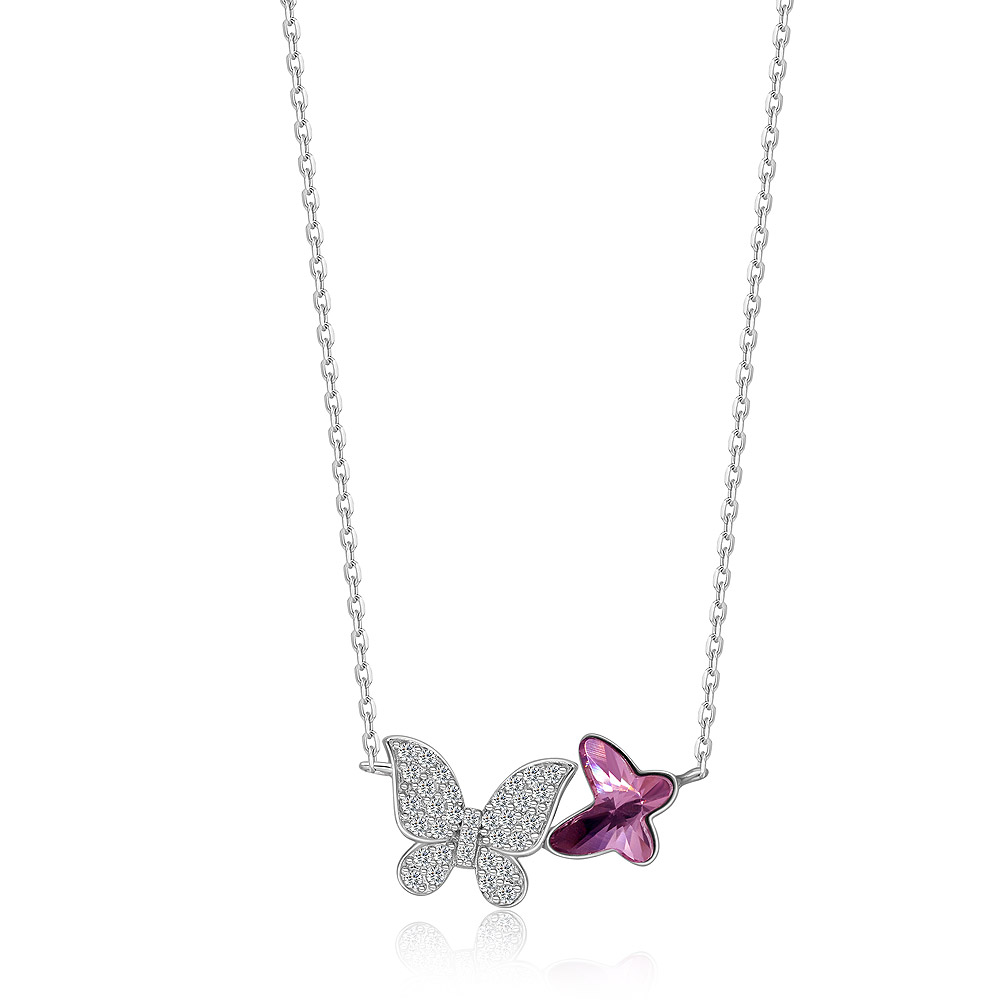 Close-up of the Amethyst Pink Twin Butterfly Pendant Necklace, showing the detailed 925 sterling silver craftsmanship and the sparkling purple Swarovski crystal.