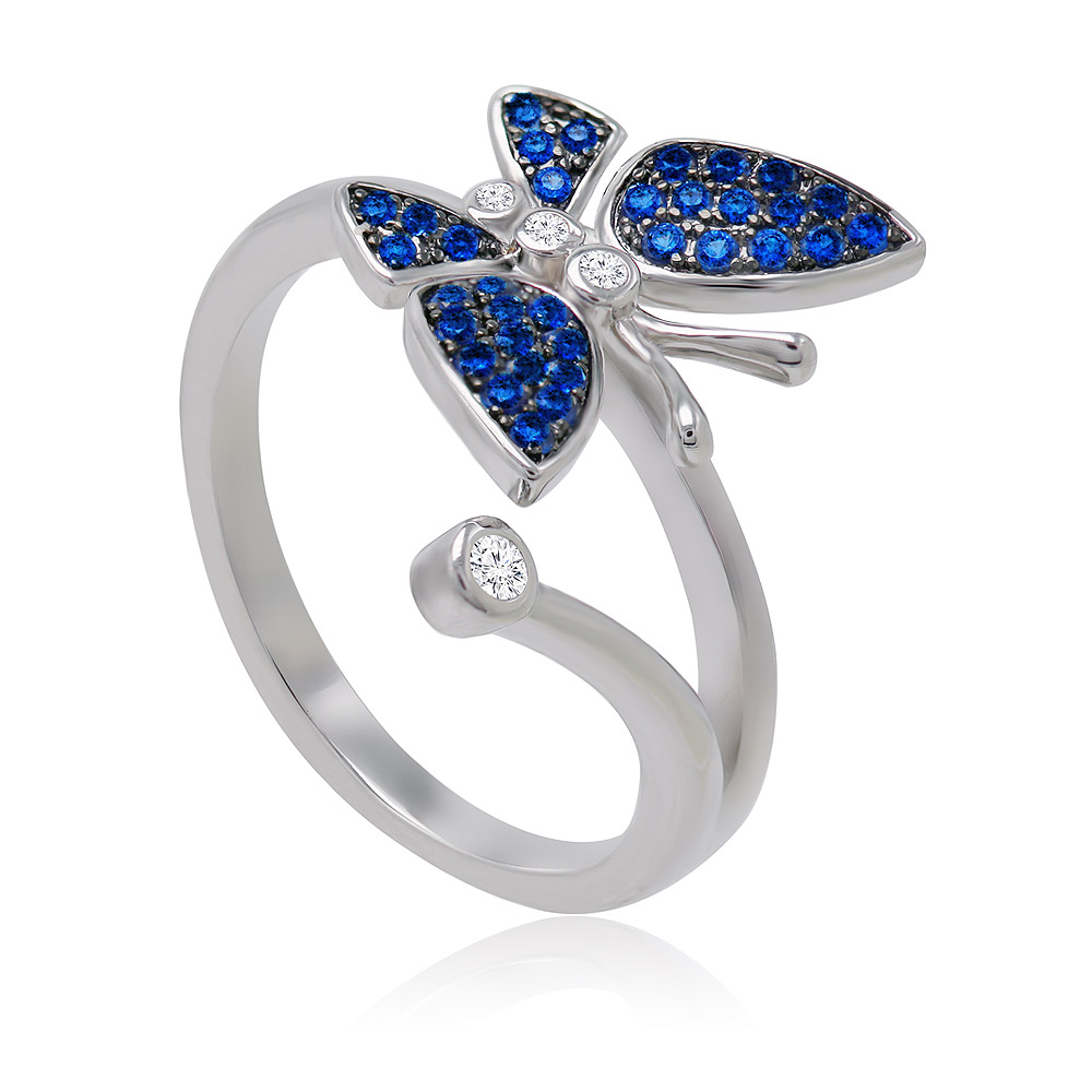 Front view of the Fluttering Chic Ring, showcasing its silver butterfly design adorned with sparkling blue and white cubic zirconia stones.