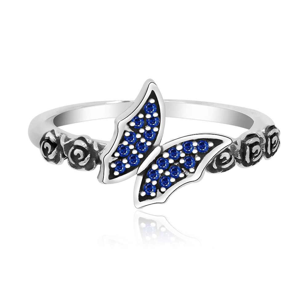 Sapphire Butterfly Rose Silver Ring in 925 sterling silver, featuring a detailed butterfly design with blue sapphire cubic zirconia.