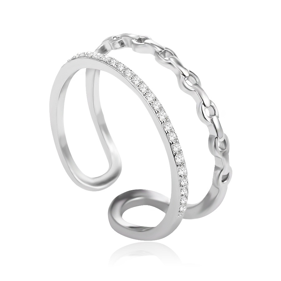A close-up of the Layered Delicate Ring, featuring a rhodium-plated band with a distinctive chain-link design alongside a parallel band set with sparkling cubic zirconia stones.