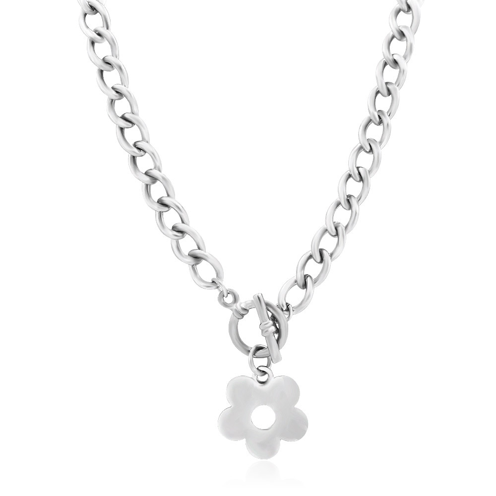 Close-up of the Daisy Choker Chain Necklace (JRN-014) showcasing the polished daisy charm on a rhodium-plated silver chain.