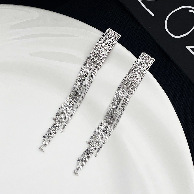 A pair of 925 sterling silver long drop tassel earrings with a rectangular charm and delicate chain design, displayed on a clean white background.