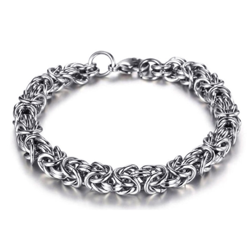 A detailed close-up of the Braided Stainless Steel Bracelet for Men, showcasing its intricate chainmail design and polished finish.