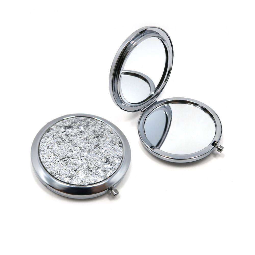 A luxurious sequin compact mirror, model PID-6282, shown open to reveal its double-sided design with both regular and magnified mirrors.