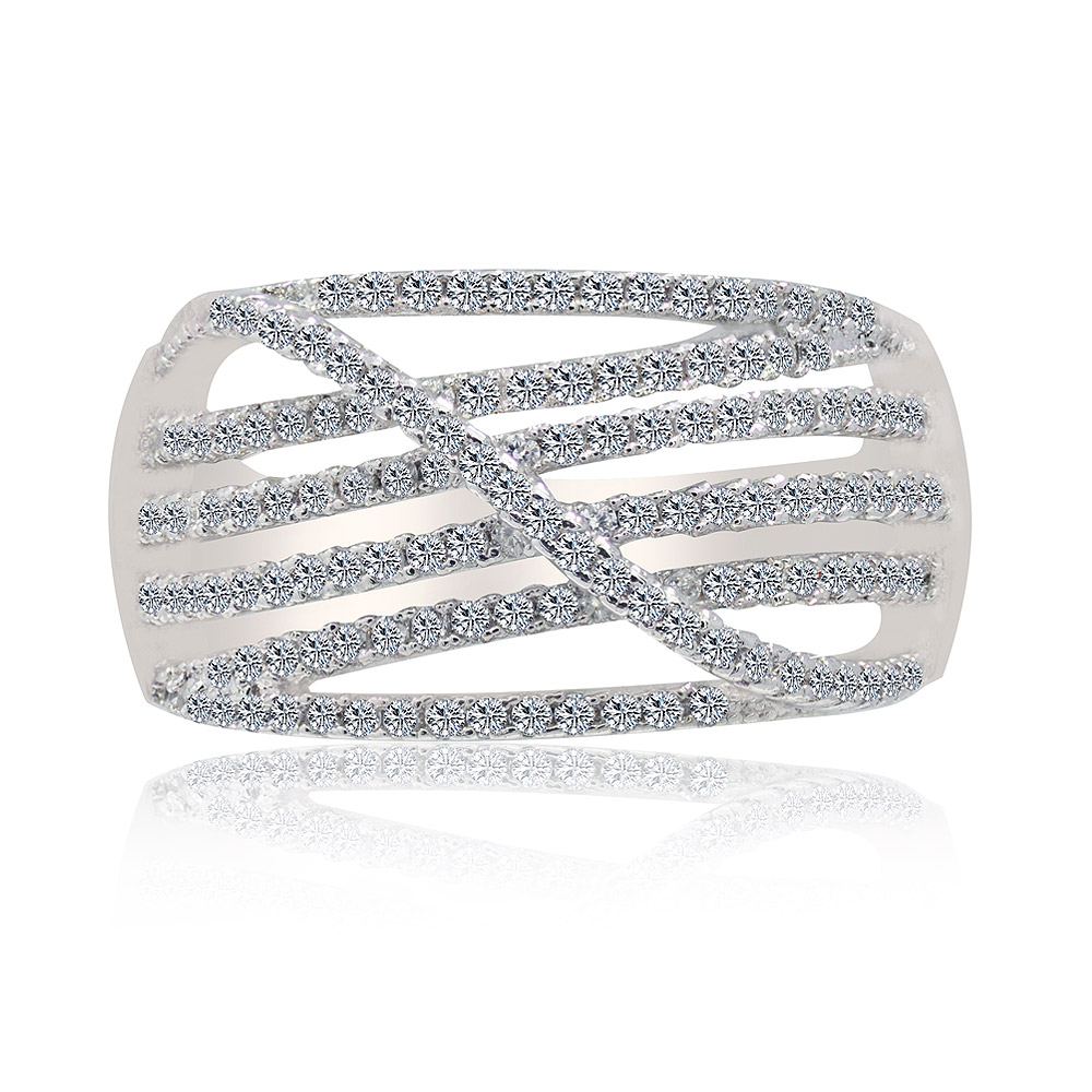 A close-up of the Sophisticate Ring, featuring a silver-toned crisscross band encrusted with sparkling cubic zirconia stones, worn on a finger to showcase its elegant design.