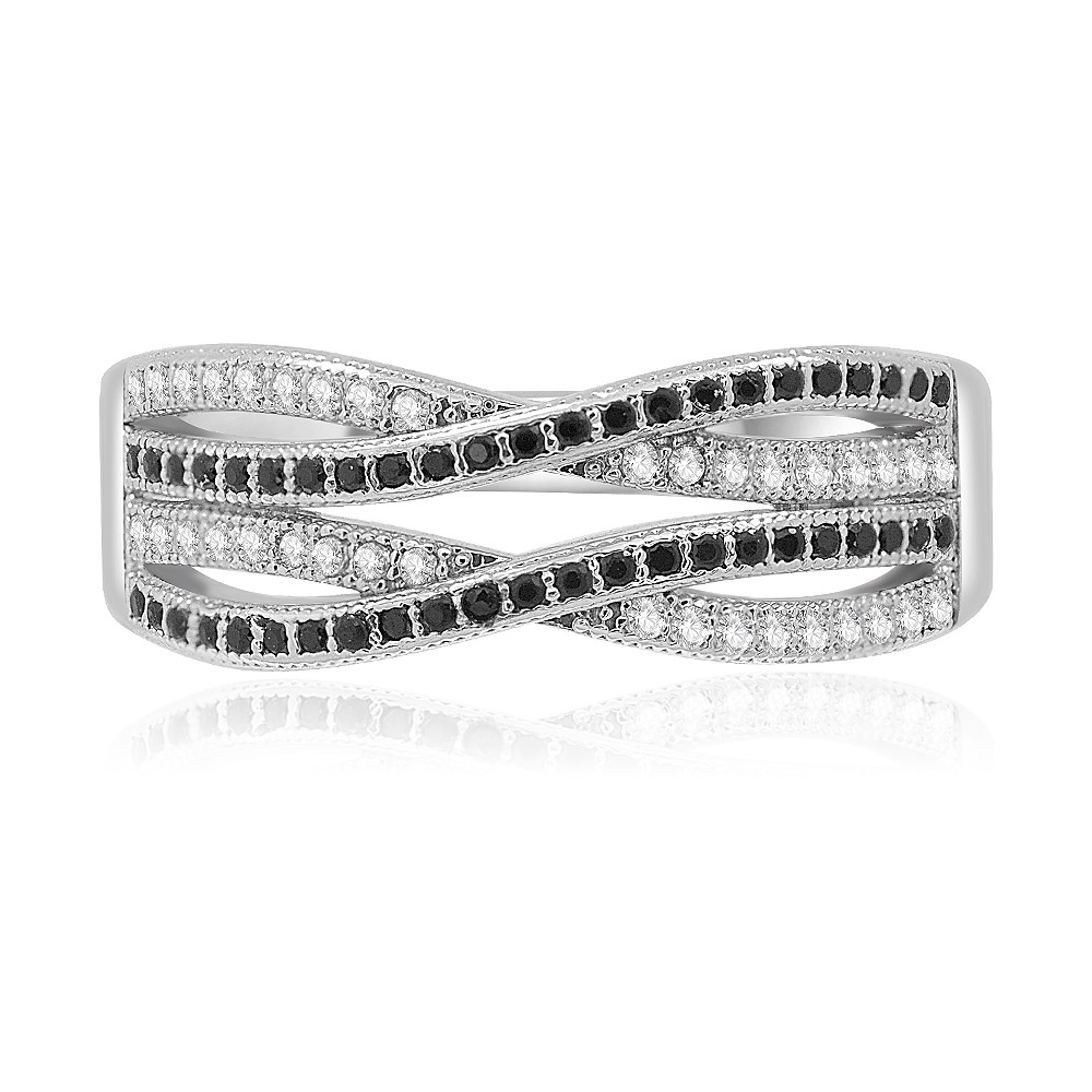 A close-up of the Black and White Criss Cross Ring, showcasing its intricate braided design with shimmering black and clear cubic zirconia stones on a rhodium-plated band.