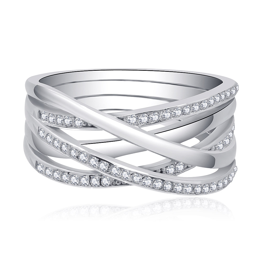 Front view of the Crossover X Bliss Ring, showcasing its intricate criss-cross design with three interlaced bands studded with sparkling cubic zirconia stones.