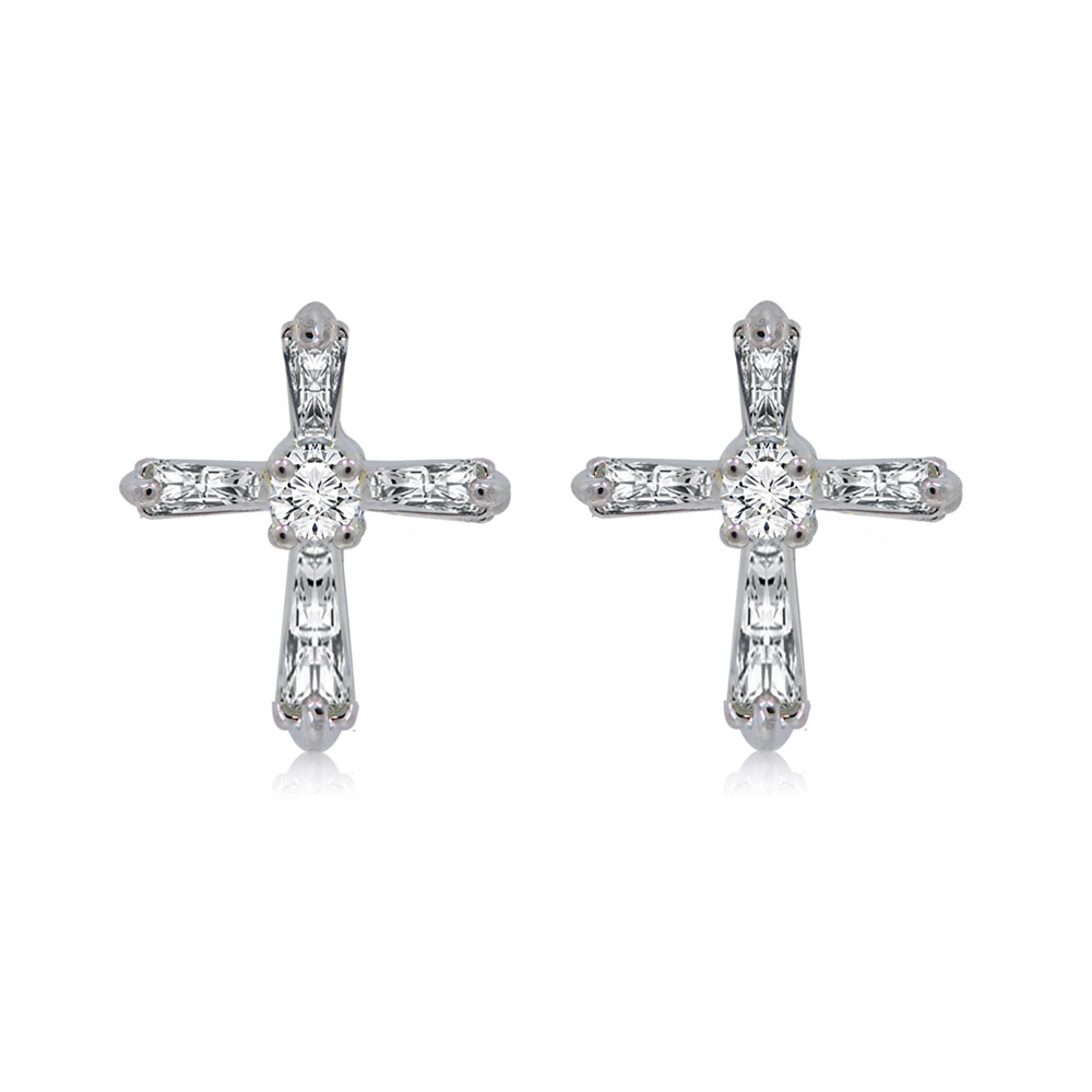 Close-up of Vatican Cross Earrings, rhodium-plated brass studs with sparkling white cubic zirconia in a cross design.
