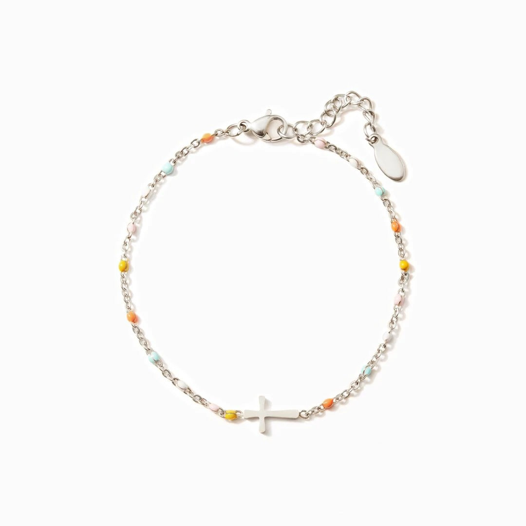A 925 sterling silver cross bracelet adorned with vibrant, colorful beads, displayed on a clean white background.