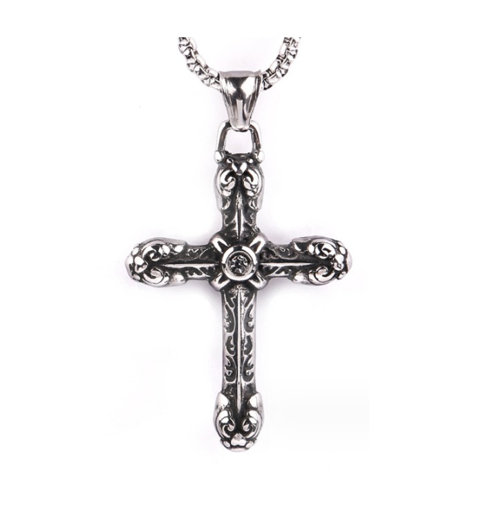 Detailed front view of the Antique Cross Necklace for Man, showcasing the intricate engravings on the stainless steel pendant.