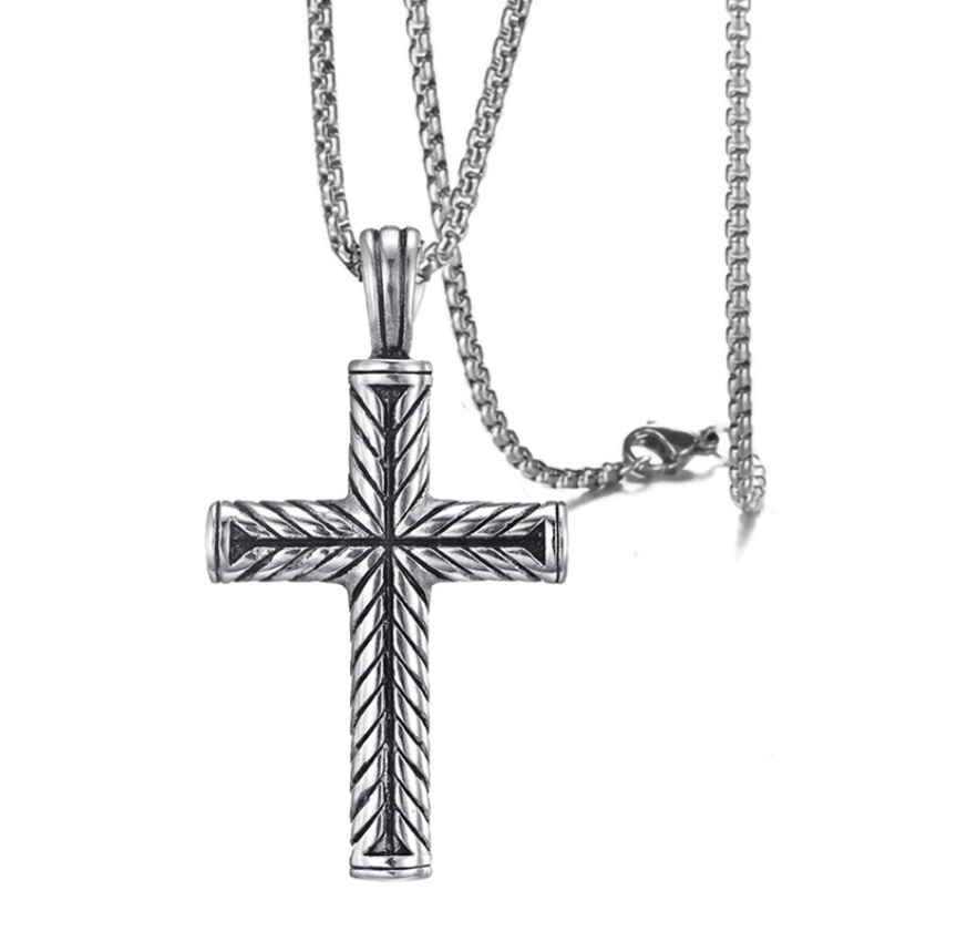 Classic Cross Necklace for Men (Men-032) featuring a silver cross pendant with an intricate twisted rope design on a matching chain.