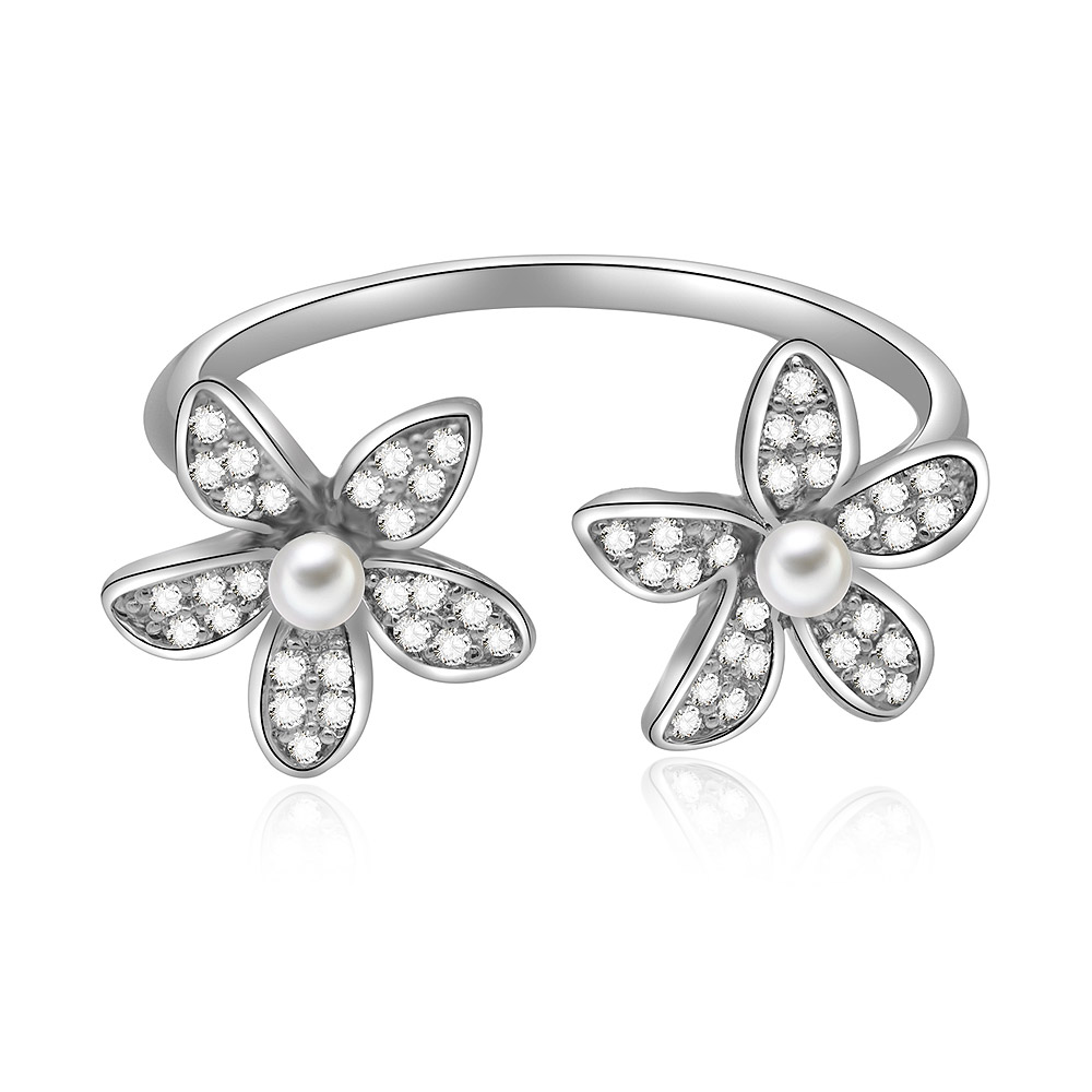 The Pretty Double Daisy Flower Ring, showcasing its rhodium-plated brass band and intricate floral design with a central pearl and surrounding white cubic zirconia stones.