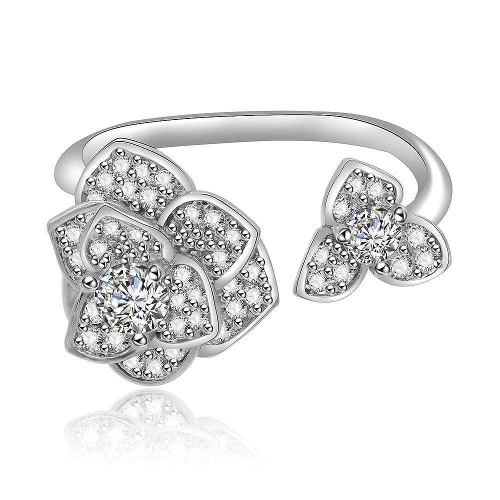 A rhodium-plated Cubic Zirconia Rose Flower Ring, showcasing its intricate floral design and sparkling white CZ stones on a white background.