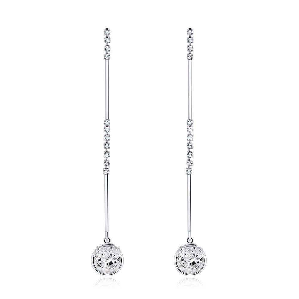 A pair of Cup Rose Long Drop Dangling Earrings in rhodium-plated brass, featuring a slender design with sparkling clear cubic zirconia accents and a circular pendant.