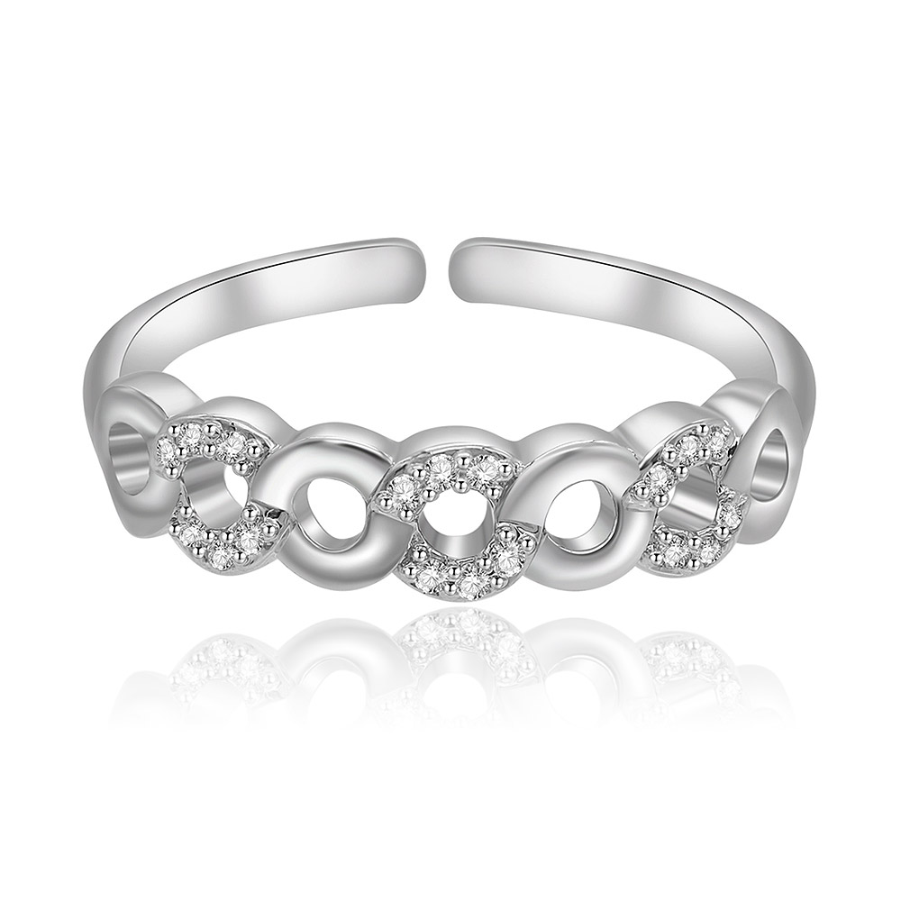 A detailed view of the Twinkle White CZ Link Ring, highlighting its rhodium-plated brass band with an interconnected link design adorned with brilliant white cubic zirconia stones.