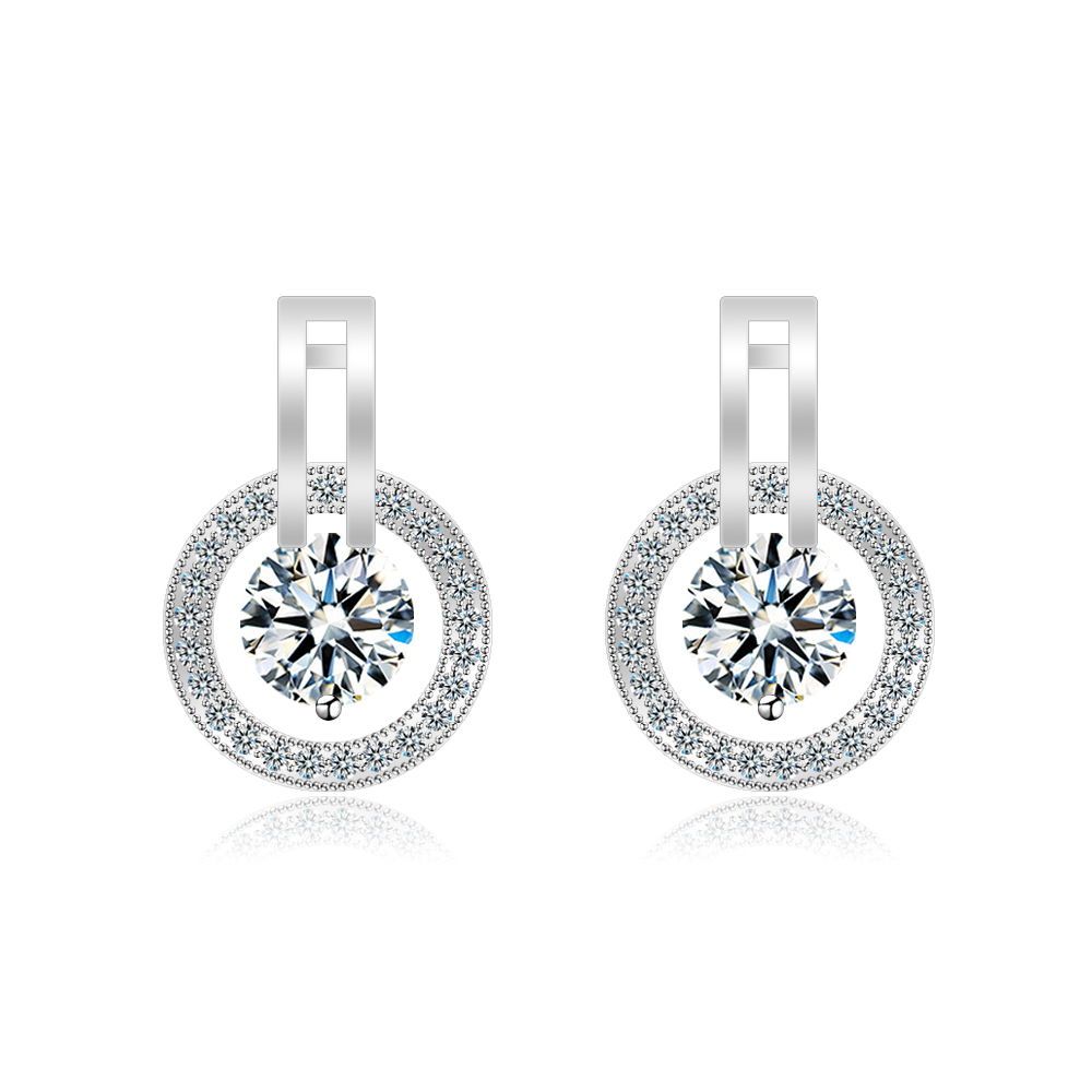 A close-up of the Circle Hoop Post Earrings (BEQ04-R-Z-01180), showcasing the rhodium-plated brass and the brilliant white cubic zirconia stones.