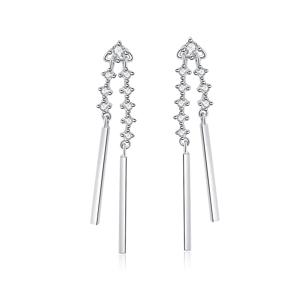 A pair of Double Stick Drop Earrings with sparkling cubic zirconia stones, crafted from rhodium-plated brass.