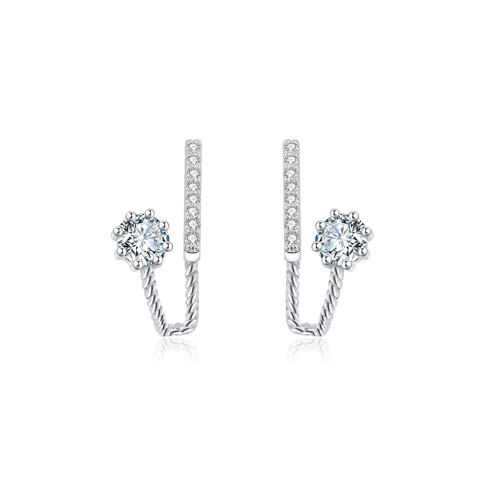 A pair of Fabulous Designer Chic Studs made from rhodium-plated brass, featuring a twisted rope-like design and sparkling white cubic zirconia stones.