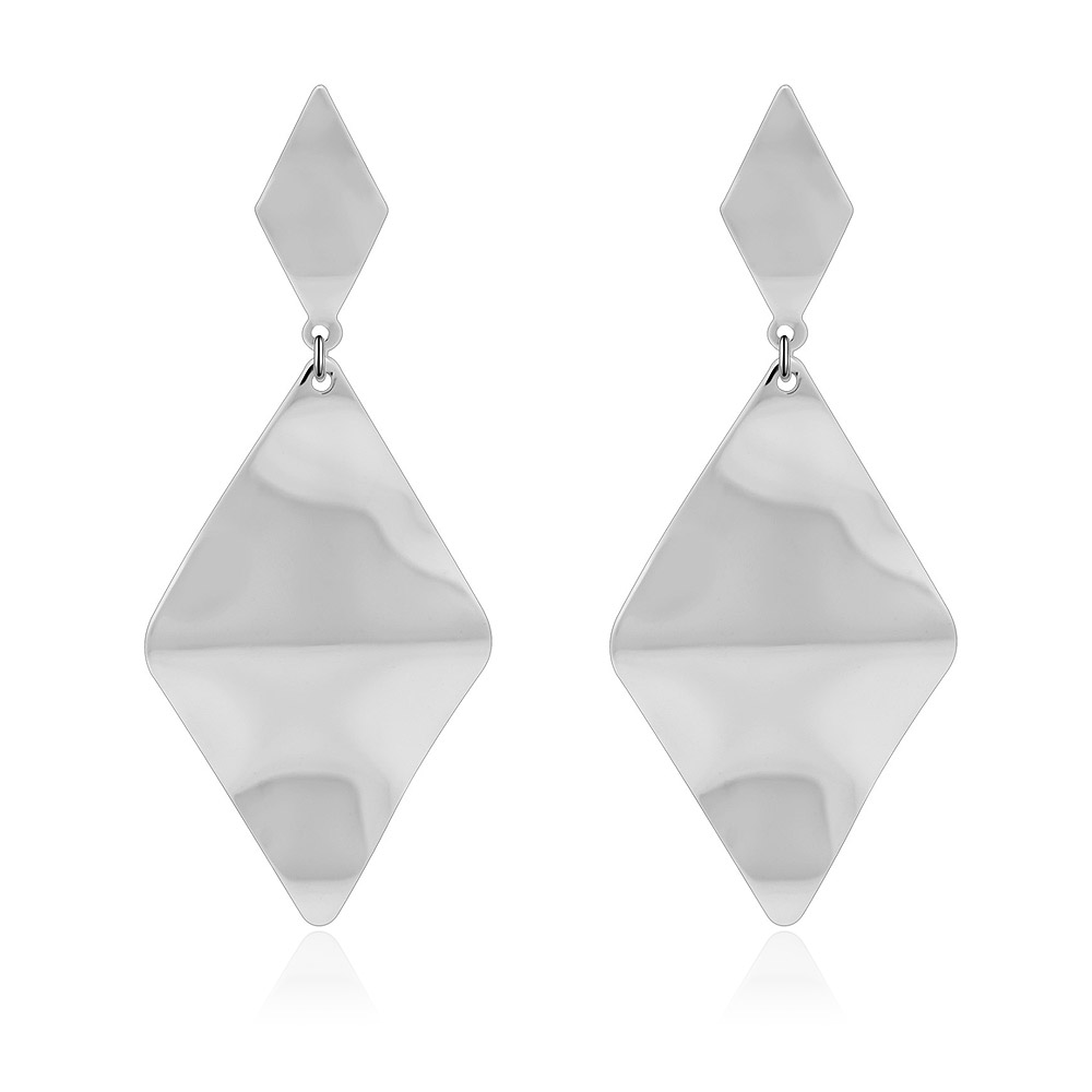 A pair of Geometric Polished Rhodium Plated Earrings showcasing their unique diamond-shaped design and brilliant finish.
