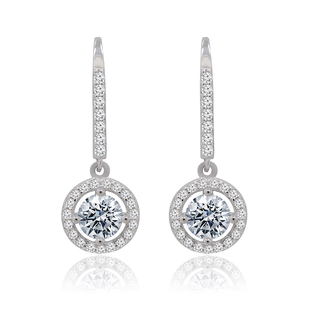 A pair of Ice Stones Sterling Silver Hook Earrings featuring a central round-cut cubic zirconia stone surrounded by a halo of smaller stones.