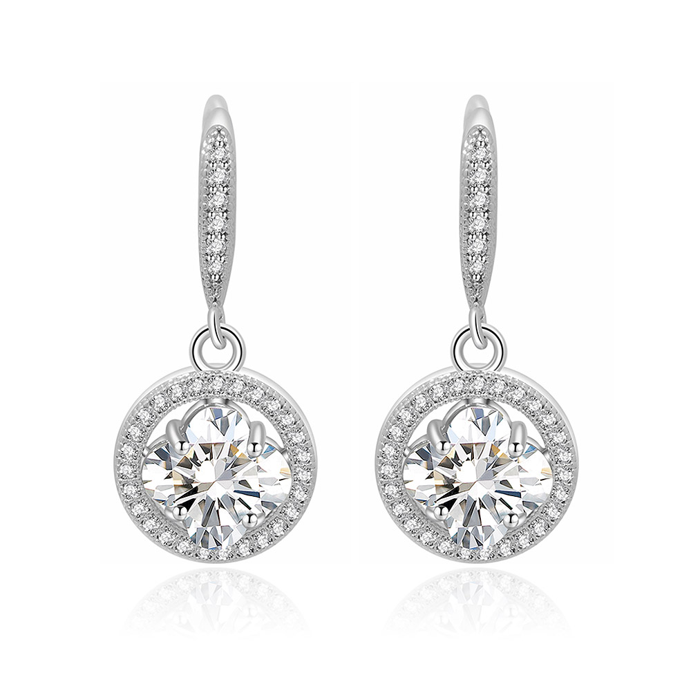 A pair of elegant Round Zirconia Hook Earrings with Pave Surround, made of silver-toned rhodium-plated brass. They feature a classic drop shape with a central clear cubic zirconia in a halo setting.
