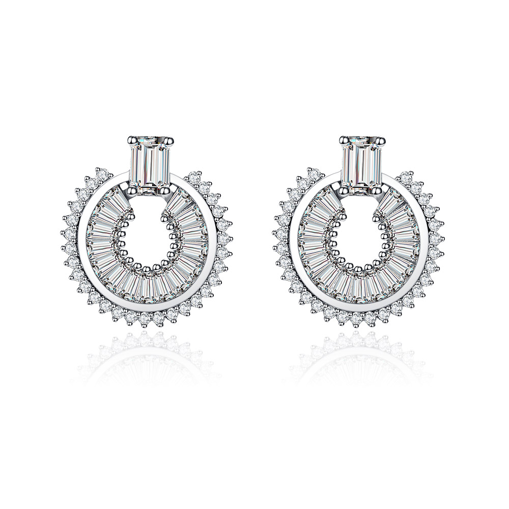 Front view of the Stunning Clear CZ Earring, showcasing its circular design with a central cubic zirconia surrounded by smaller stones.