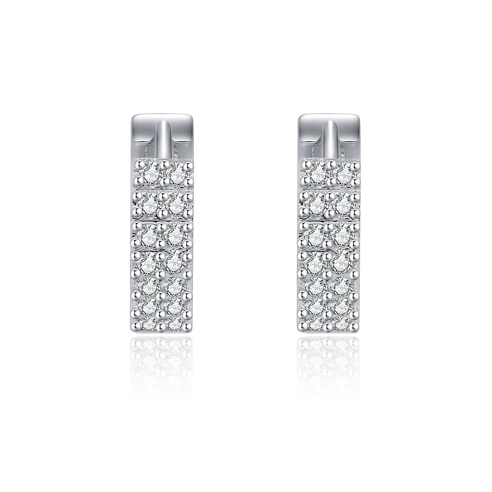 A pair of White Zirconia Hinged Hoop Earrings made from rhodium-plated brass, showcasing the brilliant pave-set cubic zirconia stones against a white background.