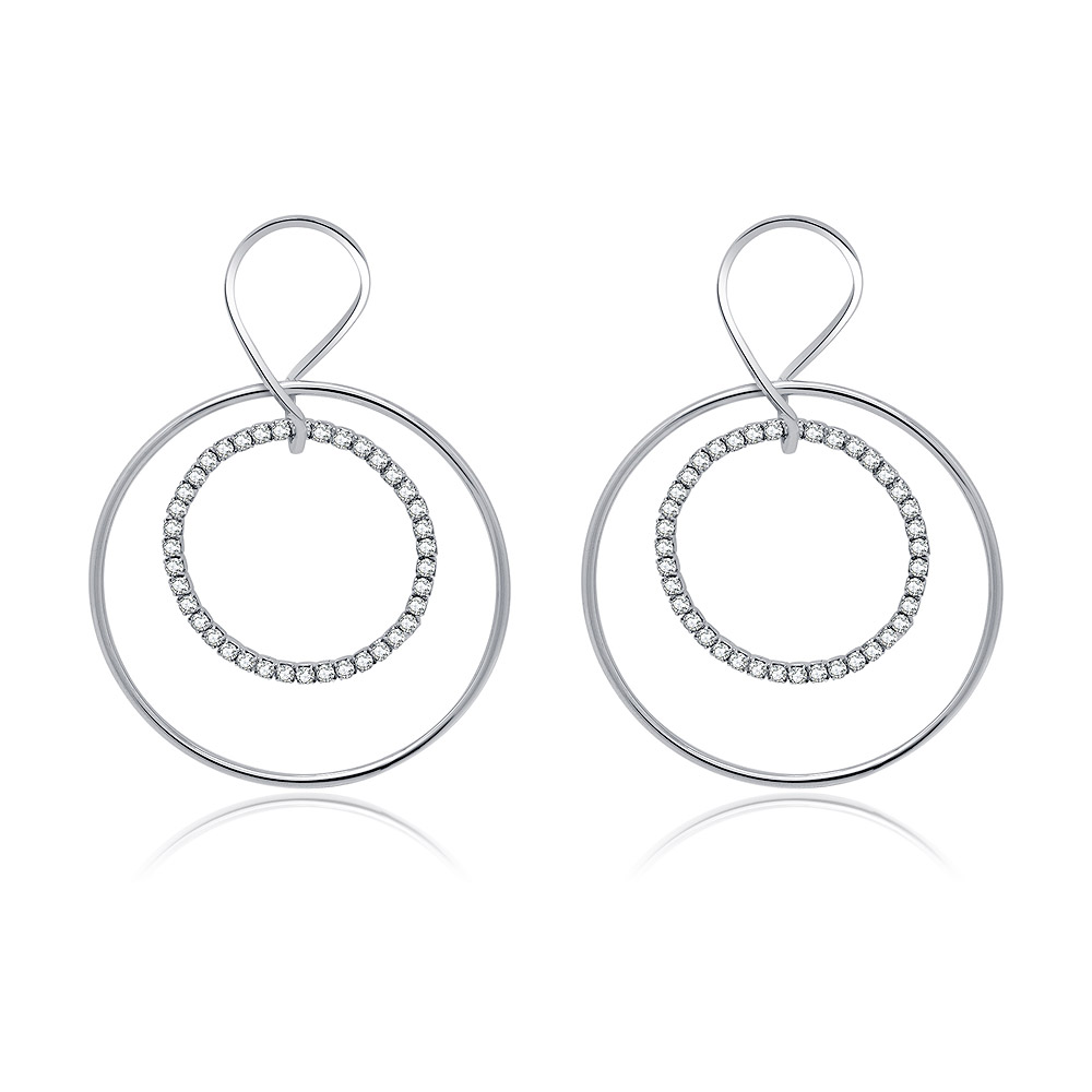 A pair of CZ Large Geometric Circle Drop Earrings with a rhodium-plated finish, showcasing a double-layered circular design with a sparkling Czech crystal on the inner circle.