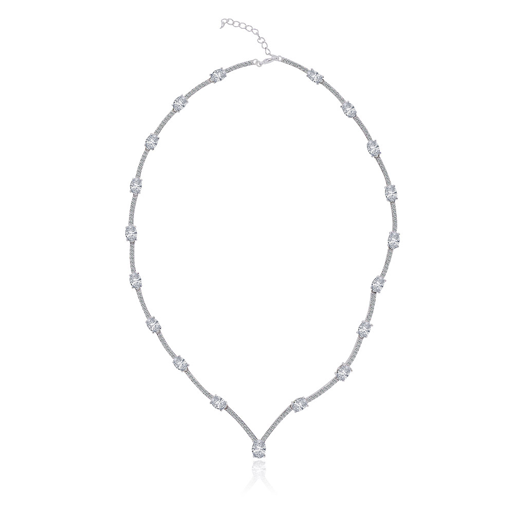 A close-up of the Clear Oval Cubic Zirconia Cluster Necklace, showcasing its V-shaped pendant studded with brilliant CZ stones on a rhodium-plated chain.
