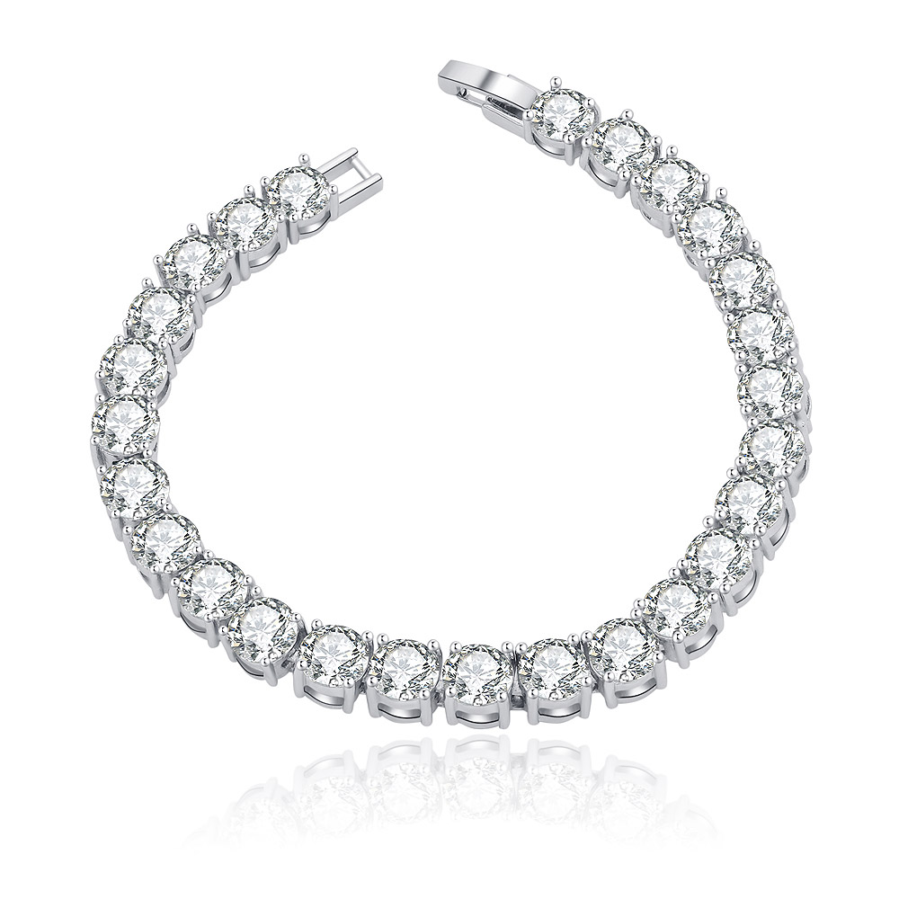 A stunning Tennis Wrist Candy Bracelet featuring a continuous line of brilliant round cubic zirconia stones set in a rhodium-plated brass band, showcasing its elegant design and sparkle.