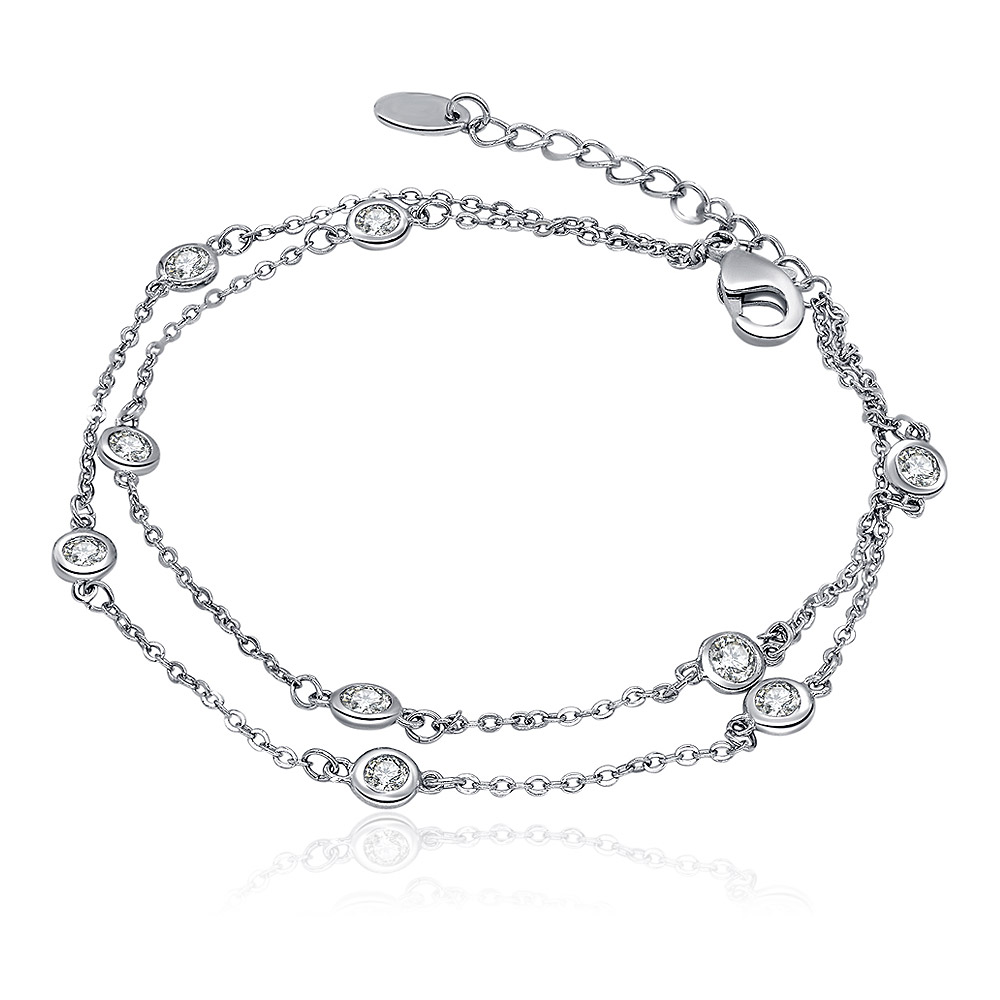A close-up view of the Round Bezel Set Link Chain 2 Row Bracelet, showcasing its double-strand design and sparkling cubic zirconia stones on a white background.