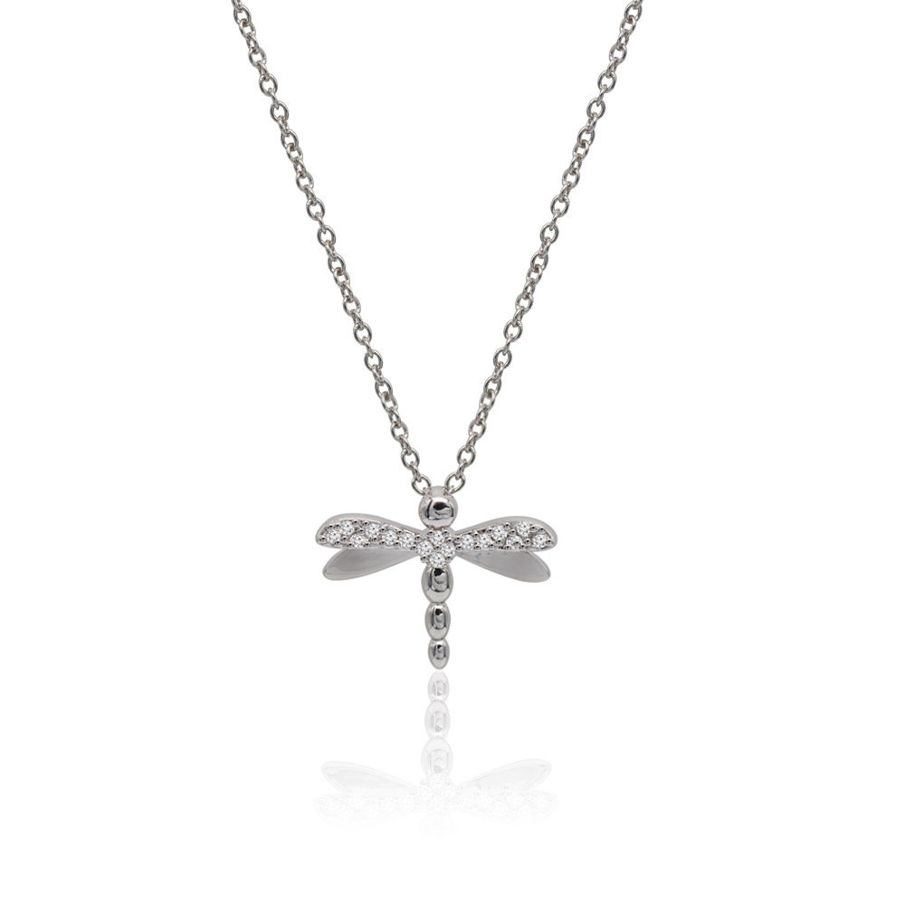 Close-up of the Ready to Fly Dragonfly Necklace, showcasing the intricate silver-toned dragonfly pendant adorned with sparkling cubic zirconia stones on a white background.
