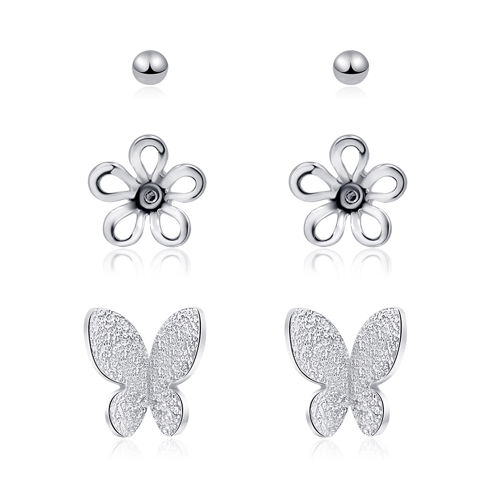 A set of three Butterfly Flower Stud Earrings, including silver ball, flower, and butterfly designs, displayed on a clean white background.