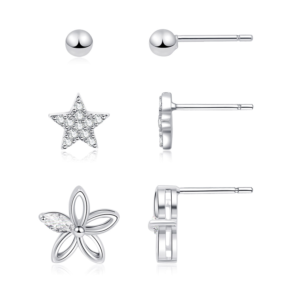 A detailed view of the 3-pair stud earring set, showcasing the rhodium-plated ball bead, CZ star, and open flower designs against a white background.