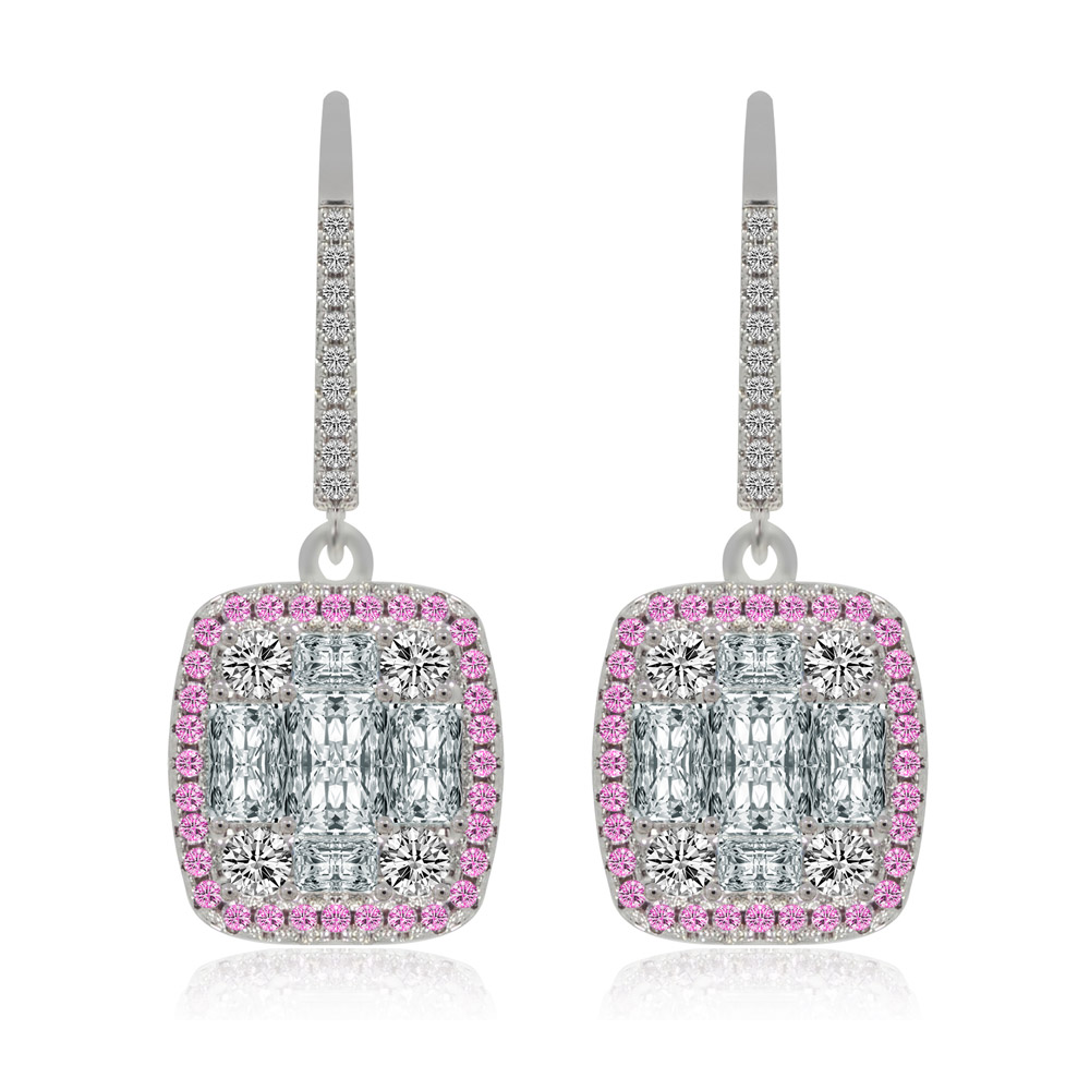 Front view of the Dreamy Sweet Hook Earring, showcasing the rhodium-plated finish with a central clear cubic zirconia stone elegantly framed by smaller pink gemstones.