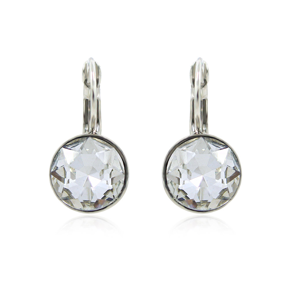 A pair of 10mm round solitaire earrings with large, clear crystals in a rhodium-plated bezel setting, featuring a classic French hook design.