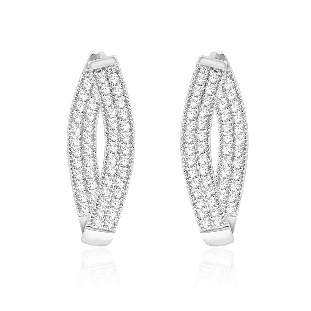 Large Oval Hoop Earrings with a three-line pave design of clear cubic zirconia stones, featuring a polished rhodium-plated finish.