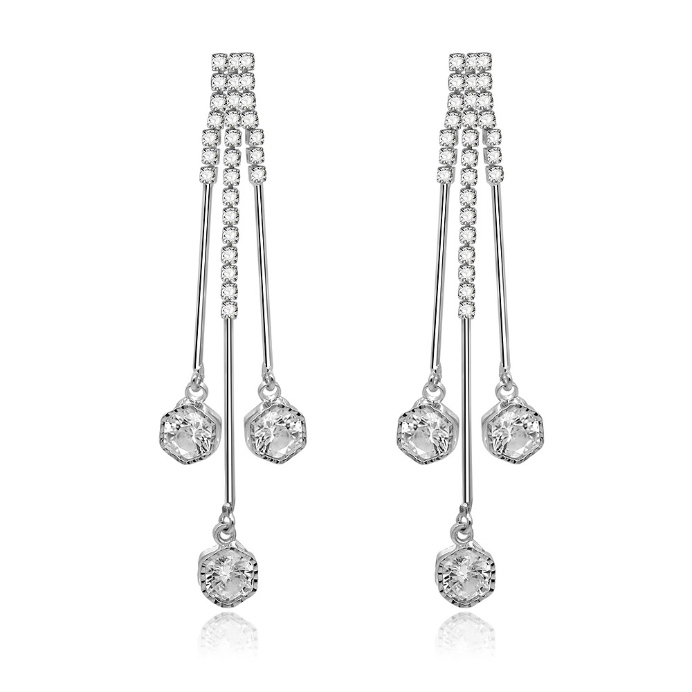 Front view of the Triple Clear Round Long Drop Earrings, showcasing the rhodium-plated brass and three sparkling white cubic zirconia stones.