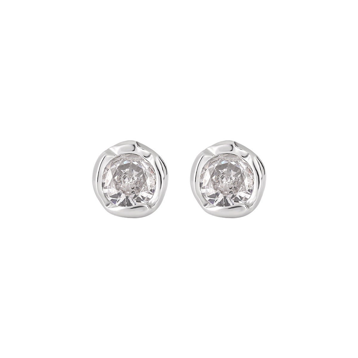 A pair of minimalist irregular stud earrings in 925 sterling silver, featuring large, sparkling cubic zirconia stones. A perfect example of modern wholesale jewelry.