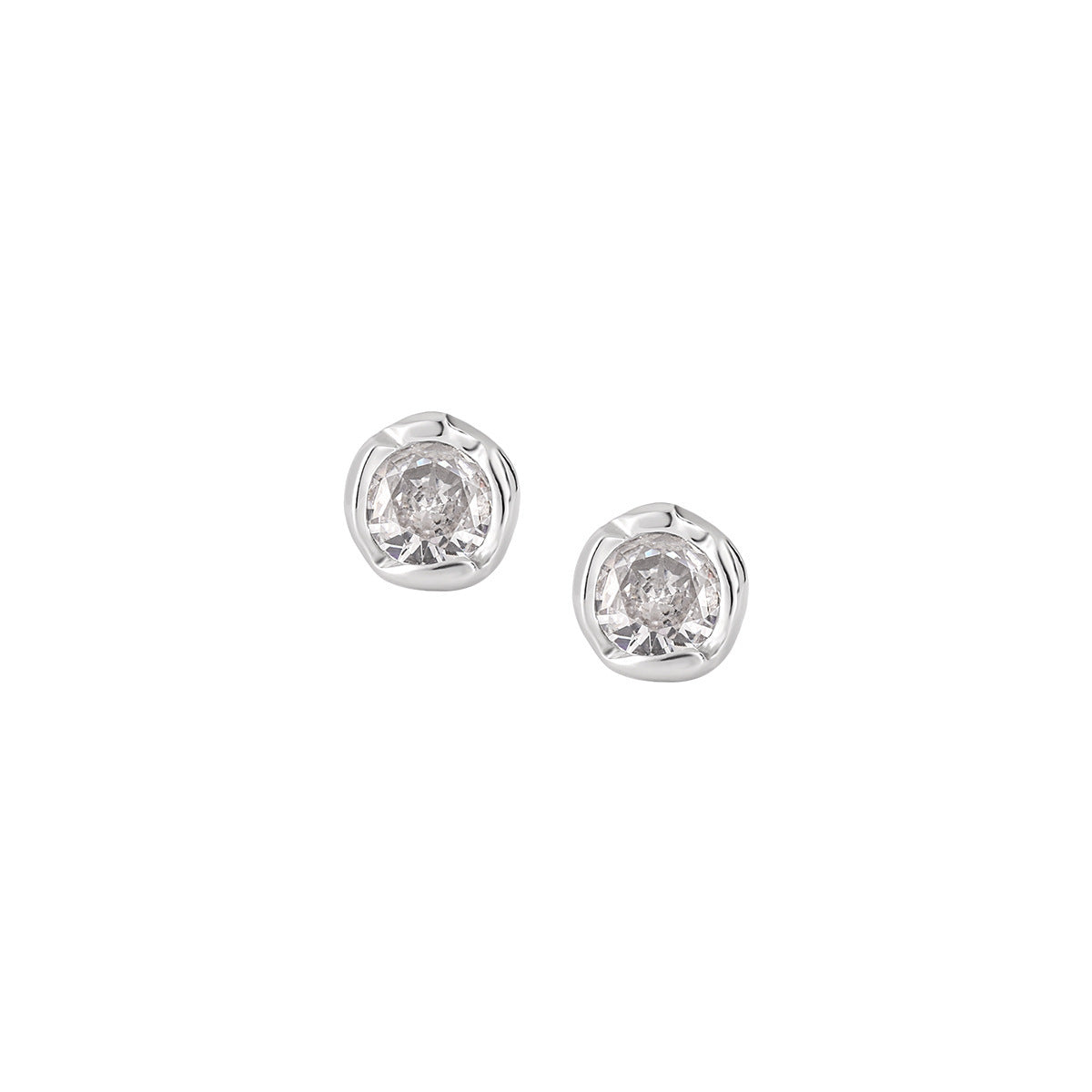 A pair of minimalist irregular stud earrings in 925 sterling silver with sparkling CZ stones, ideal for wholesale.