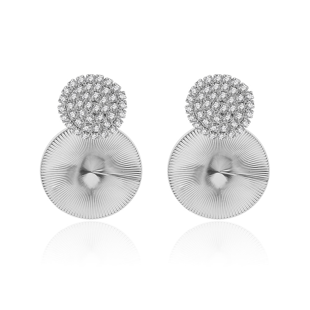 A pair of Round Disc Drop Earrings made of rhodium-plated brass, featuring sparkling clear crystal clusters.