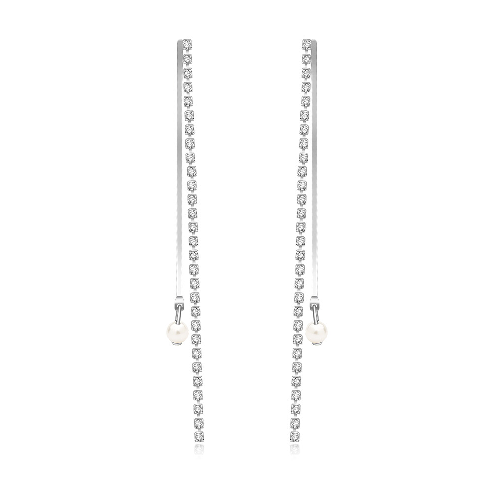 A pair of Sparkling Bar Pearl Linear Drop Earrings, showcasing the silver rhodium-plated bar set with clear cubic zirconia and a lustrous white pearl at the end.