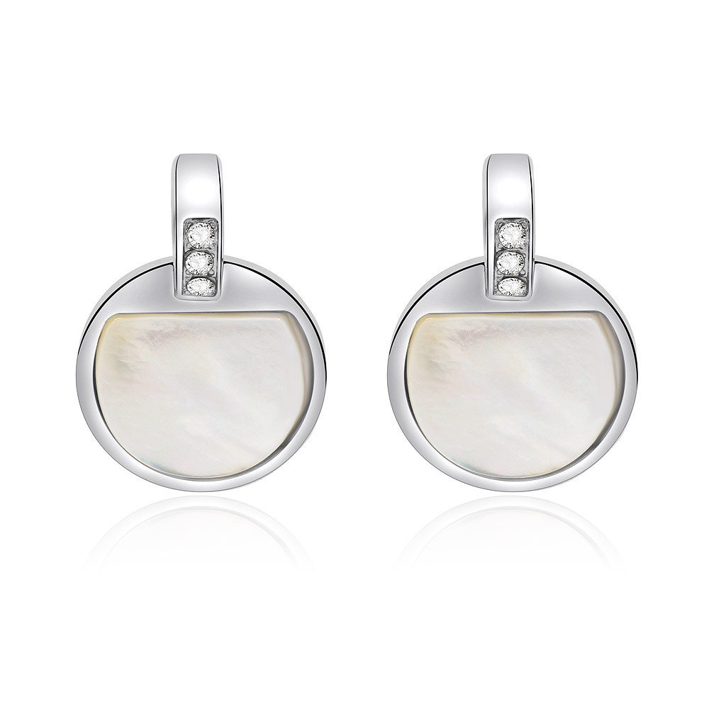 A pair of Crystal Disc Shell Studs with mother-of-pearl and Czech crystal accents on a white background.