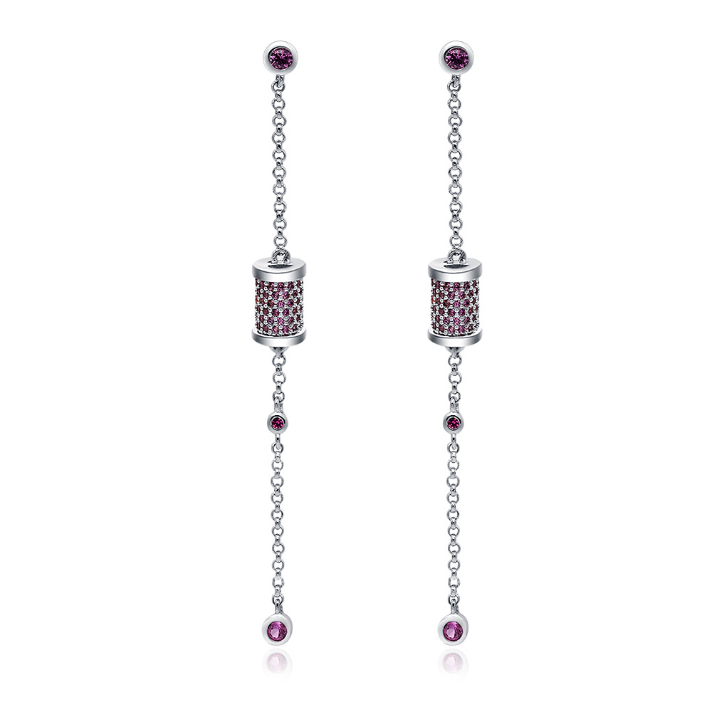 A pair of Elegance Linear Dangle Chain Earrings, made of silver-tone metal with pink cubic zirconia accents, featuring a multi-component design with a top gemstone, a cylindrical section, and dangling chain elements.