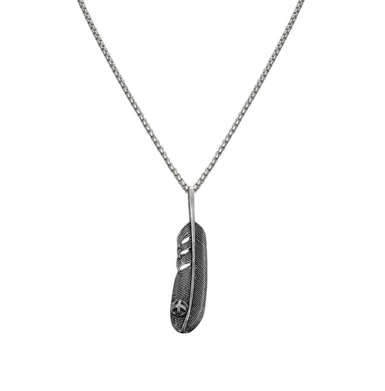 A detailed studio shot of the Feather Pendant Necklace in Stainless Steel, model Men-025, showcasing its intricate feather design.