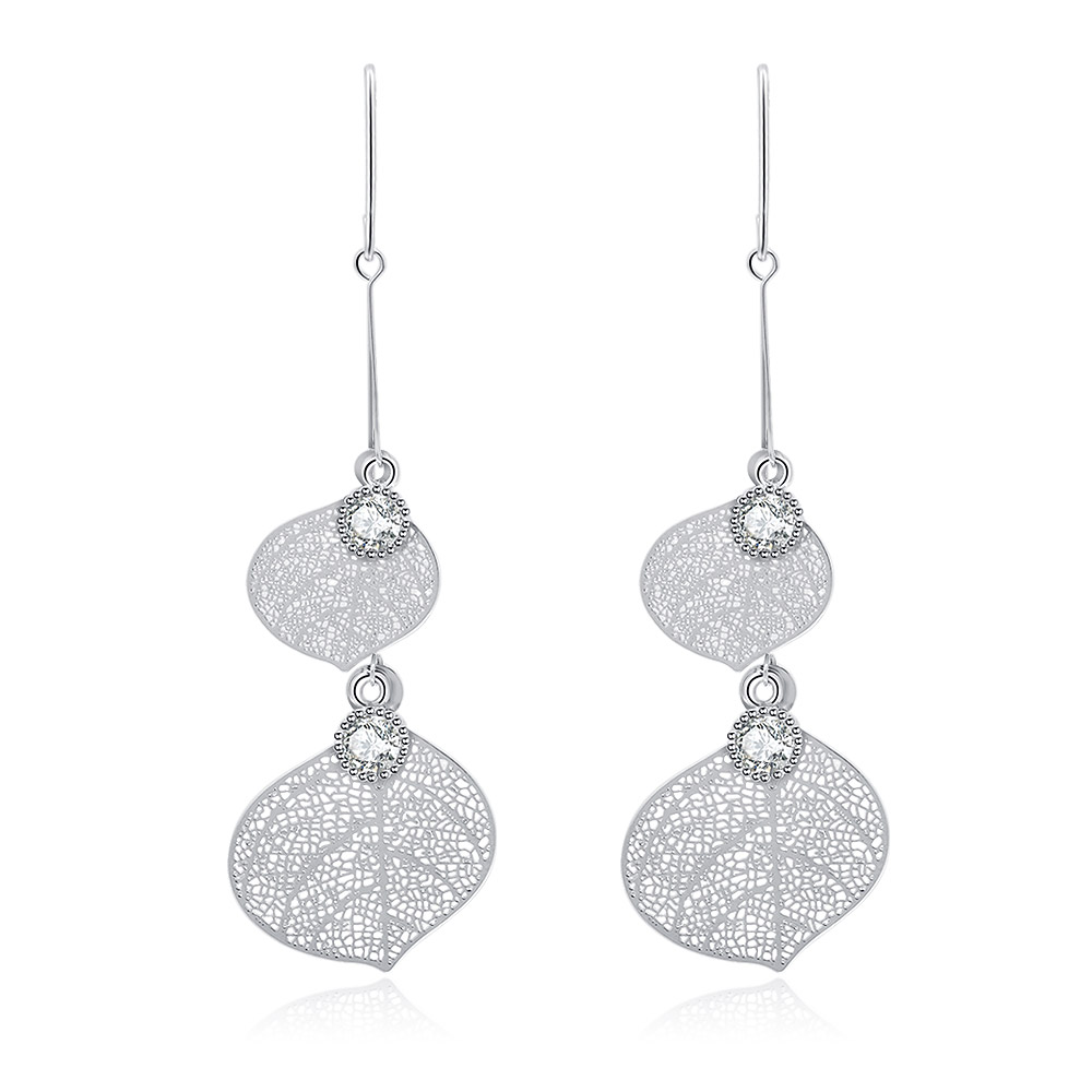 Cubic Zirconia Leaf Vein Dangle Earrings, showcasing a pair of silver filigree earrings with clear gemstones.