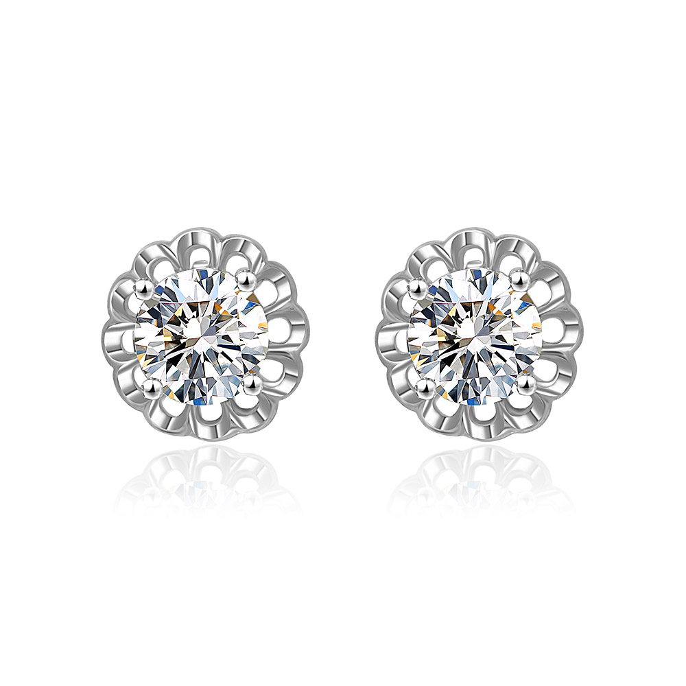 A pair of 6mm Brilliant Cut CZ Stone Stud Earrings featuring clear gemstones in silver floral metal settings.