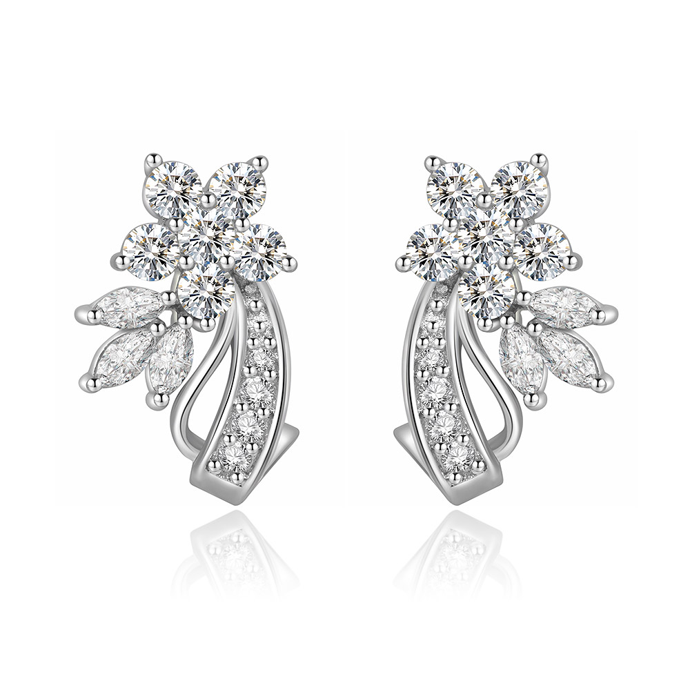 A pair of Clear Cubic Zirconia Cocktail Earrings featuring a silver floral design with sparkling clear gemstones, shown on a clean white background.