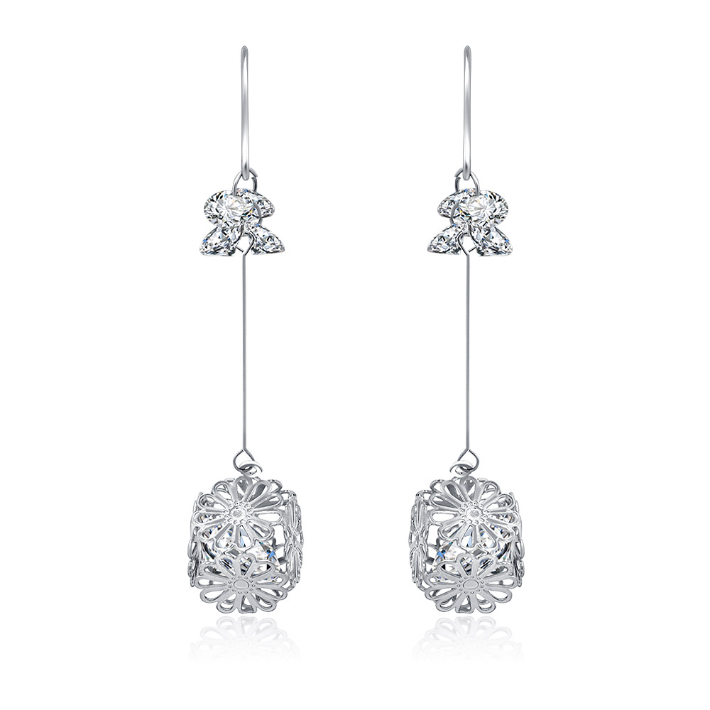 A close-up of the Daisy Drop Silver Tone CZ Earrings, showcasing the intricate floral design with clear cubic zirconia stones and a polished rhodium-plated finish.