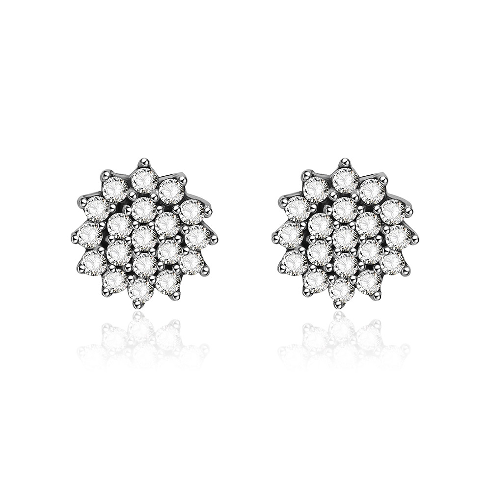 A pair of 925 sterling silver flower stud earrings, intricately designed with clear cubic zirconia stones, shown on a clean white background.